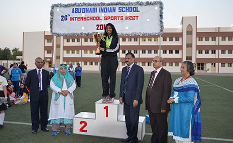 Tanishqa Kambli on the podium in an inter-school competition in Abu Dhabi. (Supplied)