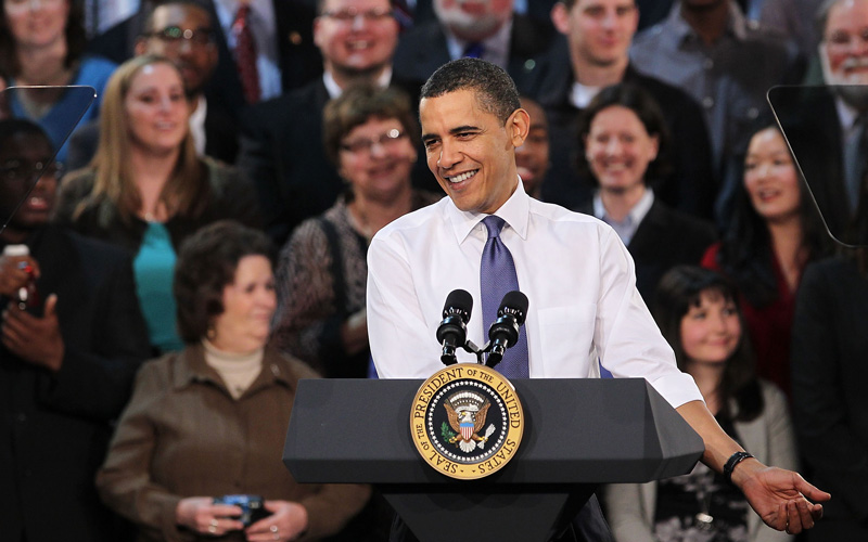 President Barack Obama delivers a speech on his health care plan for the nation at Arcadia University in Glenside, near Philadelphia, Pennsylvania. The President, after meeting fierce Republican opposition to his health care proposals, is beginning a last-ditch attempt to persuade lawmakers and the American public to adopt his plan for health care reform. Many lawmakers are increasingly skittish on supporting the bill in an election year in which the health care proposal has become a central issue for Republicans seeking to win seats in midterm elections. (GETTY IMAGES)